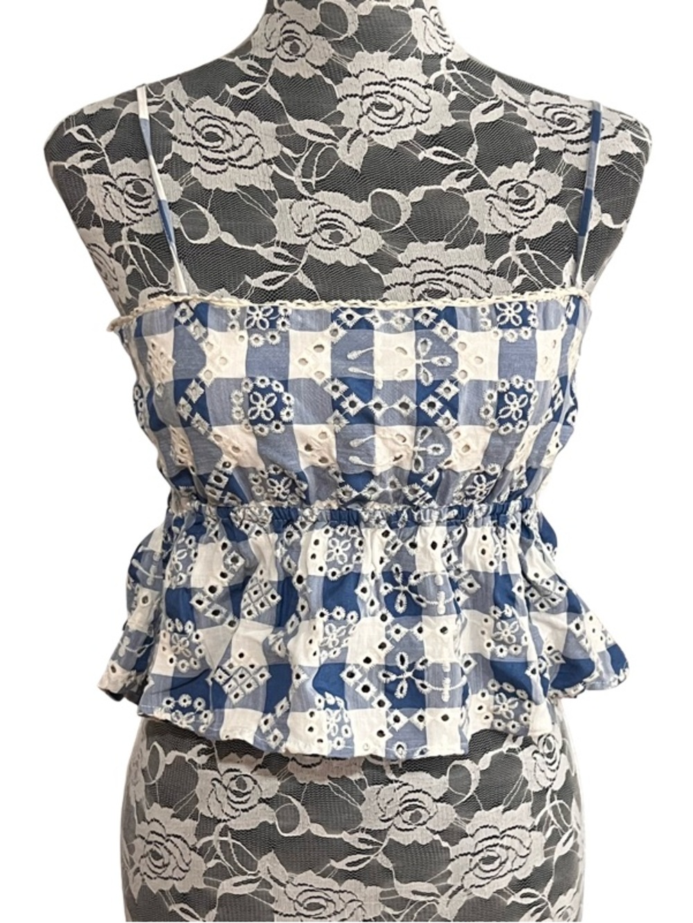 Blue and White Eyelet Gingham Peplum Cami Top Size M